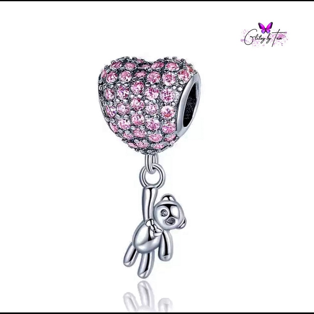 Silver Heart Charm with Hanging Teddy